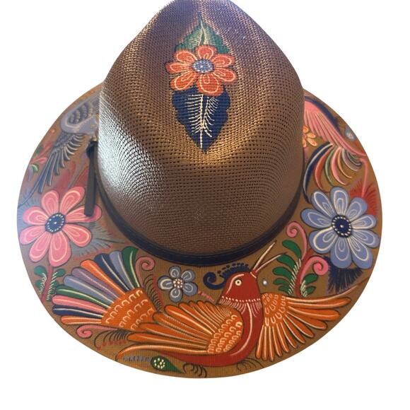 BOHO Hand Painted Artesian Mexican Straw Fedora Hat Floral Birds Artsy SZ Large - Picture 15 of 16